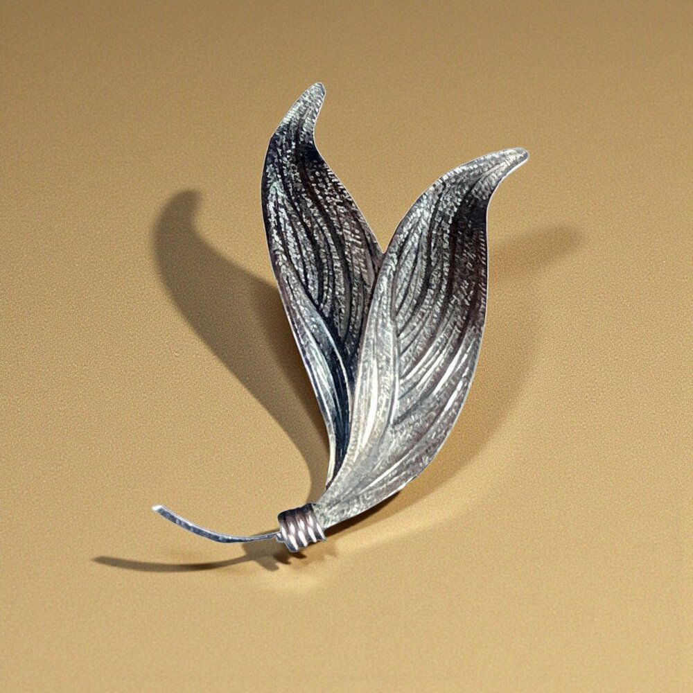 Vintage WELLS .925 Sterling Silver Double Leave Pin / Brooch